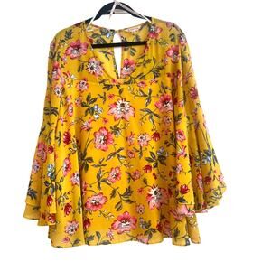 Nanette Yellow with Pink and Green Floral Pattern, Dramatic Bell Sleeve Blouse